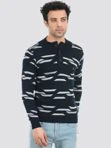 Cloak & Decker by Monte Carlo Men Navy Blue & White Printed Acrylic Pullover Sweater