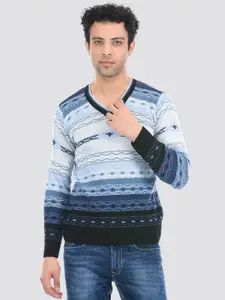 Cloak & Decker by Monte Carlo Men Blue & Navy Blue Acrylic Pullover Sweater