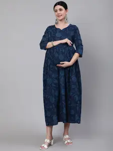 Nayo Women Navy Blue Ethnic Printed Maternity Dress