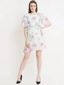 DODO & MOA Sea Green & Pink Floral Georgette A-Line Dress
