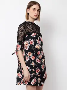 DODO & MOA Black & Pink Floral A-Line Dress