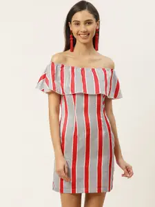 DODO & MOA Red & Grey Striped Off-Shoulder Bodycon Dress