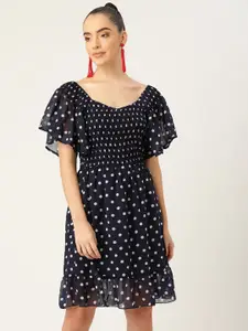 DODO & MOA Navy Blue Polka Dot Fit & Flare Dress