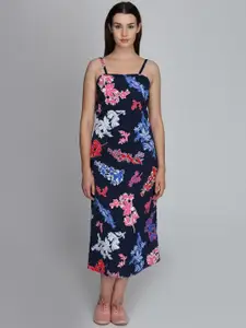 DODO & MOA Navy Blue Floral Printed A-Line Midi Dress