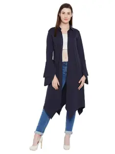 Hypernation Women Navy Blue Longline Open Front Cotton Shrug
