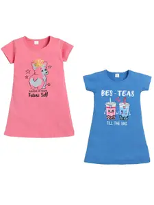 Todd N Teen Girls Pink & Blue Pack Of 2  Pure Cotton Printed Nightdress
