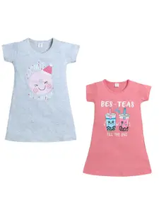 Todd N Teen Girls Grey & Pink Pack Of 2 Pure Cotton Printed Nightdress