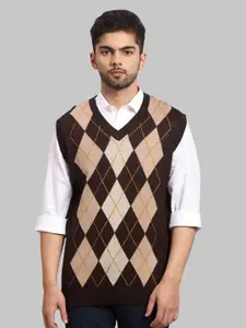 ColorPlus Men Brown & Mustard Checked Acrylic Sweater Vest