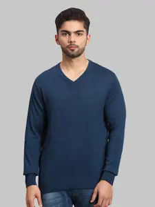 ColorPlus Men Navy Blue V-Neck Long Sleeves Wool Pullover
