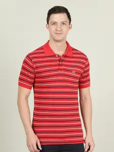 Crocodile Men Red Striped Polo Collar Slim Fit Cotton T-shirt