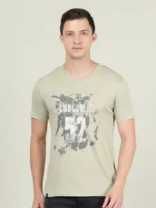 Crocodile Men Cream Typography Printed Slim Fit Cotton T-shirt