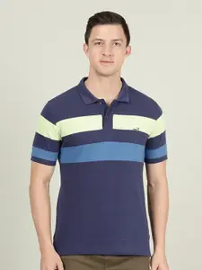 Crocodile Men Blue & Navy Blue Colourblocked Polo Collar Slim Fit Cotton T-shirt