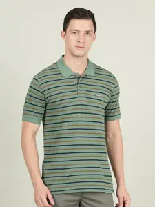 Crocodile Men Green & Blue Striped Polo Collar Slim Fit Cotton T-shirt