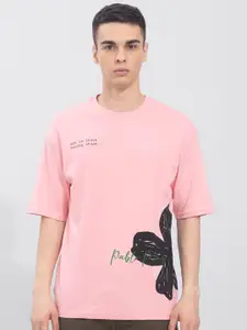 Snitch Men Pink & Black Printed Cotton Oversized T-shirt