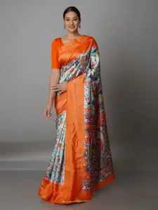 Unnati Silks White & Orange Kalamkari Zari  Kanjeevaram Saree