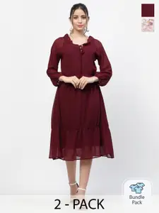 MISS AYSE Pack Of 2 Maroon & White Fit & Flare Dresses