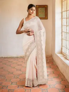 Soch Peach-Coloured & Green Floral Sequinned Pure Georgette Saree