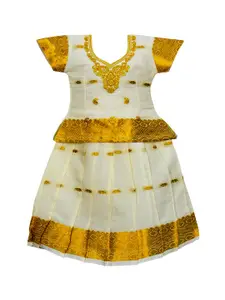 AMIRTHA FASHION Girls Cream & Gold-Toned Embroidered Ready to Wear Lehenga & Choli