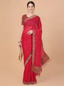 Mitera Pink & Green Striped Embroidered Art Silk Saree