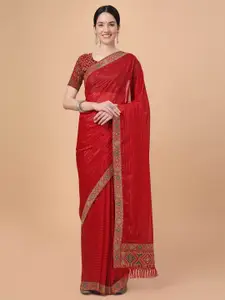 Mitera Red & Green Striped Embroidered Art Silk Saree