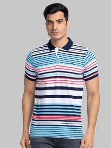 Park Avenue Men Blue & White Striped Polo Collar Slim Fit T-shirt