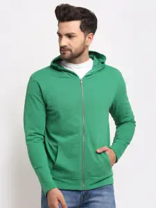 DOOR74 Men Green Solid Cotton Hooded Sweatshirt