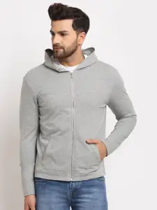 DOOR74 Men Grey Melange Cotton Solid Hooded Sweatshirt