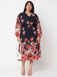 Curves by MISH Navy Blue & Red Plus Size Floral A-Line Midi Dress