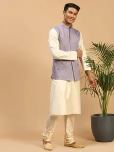 VASTRAMAY Straight Kurta With Churidar & Mirror Work Nehru Jacket