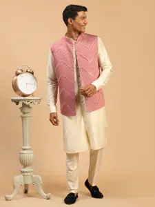 SHRESTHA BY VASTRAMAY Men Embroidered Mirror Work Jacket With Front Open Kurta & Trousers