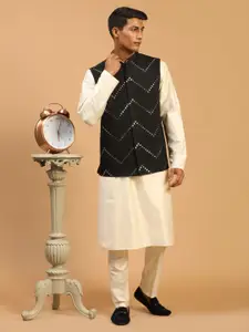 SHRESTHA BY VASTRAMAY Men Mirror Work Kurta With Trousers & Nehru Jacket