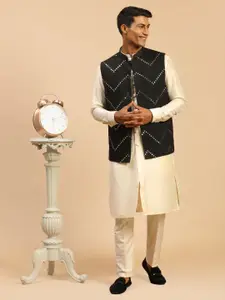SHRESTHA BY VASTRAMAY Men Solid Kurta & Trousers with Embroidered Mirror Work Jacket