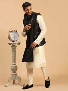 VASTRAMAY Embroidered Mirror Work Jacket With Kurta Pyjama & Dupatta
