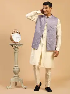 SHRESTHA BY VASTRAMAY Men Purple Embroidered Mirror Work Jacket With Kurta And Pant