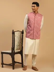 VASTRAMAY Straight Kurta With Pyjamas & Mirror Work Nehru Jacket