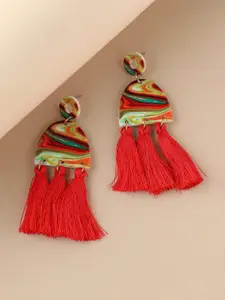 SOHI Red & Green Gold-Plated Tassel Contemporary Drop Earrings