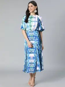 Oxolloxo White & Blue Tie and Dye Dyed A-Line Midi Dress