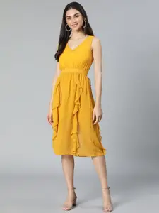 Oxolloxo V-Neck Sleeveless Bright Elasticated Ruffles Fit and Flare Dress