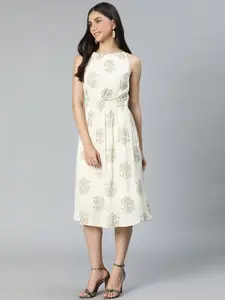 Oxolloxo Beige Ethnic Motifs Halter Neck Midi Dress