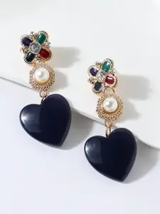 SOHI Gold-Plated & Black Contemporary Drop Earrings