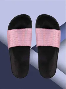 ADIVER Women Pink & Black Textured Sliders