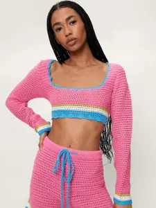 NASTY GAL Pink & Blue Pure Cotton Solid Crochet Crop Top