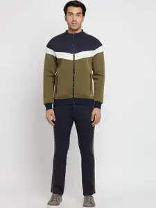 Status Quo Men Navy Blue & Olive Green Colorblocked Cotton Tracksuits