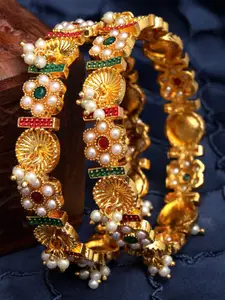 KARATCART Set Of 2 Gold-Plated & Gold-Toned White Pearl Beads-Studded Bangles