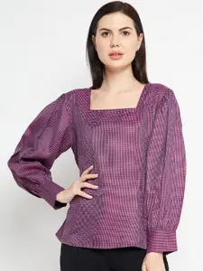 Ruhaans Pink Checked Square Neck Top