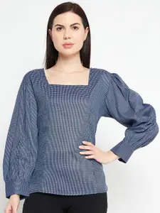 Ruhaans Blue & White Checked Square Neck Top