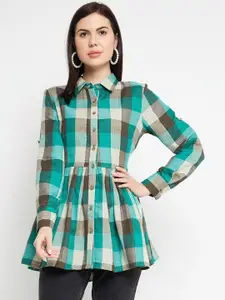 Ruhaans Green Checked Pure Cotton Shirt Style Longline Top