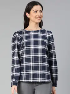 Oxolloxo Navy Blue Checked Cuffed Sleeve Top