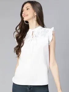Oxolloxo White Tie-Up Neck Ruffles Top