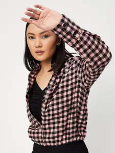 max Women Pink & Black Checked Crop Casual Shirt